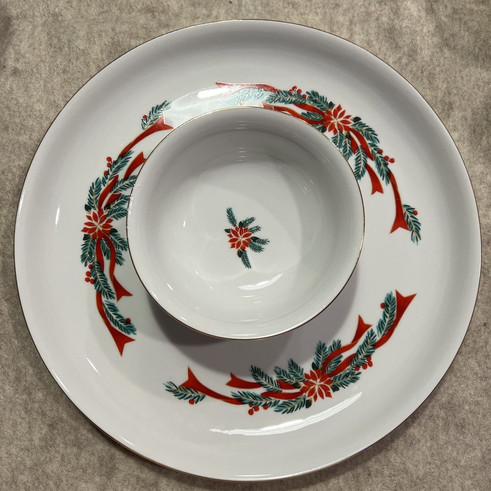 Vintage Tienshan POINSETTIA &‎ RIBBONS Chips & Dip Serving Set EUC